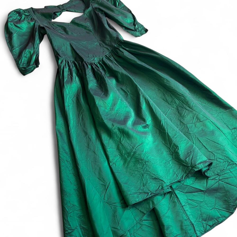 80s Emerald Green Taffeta Dress – Whimsygoth Puff Sleeve Midi S - Picture 5 of 8